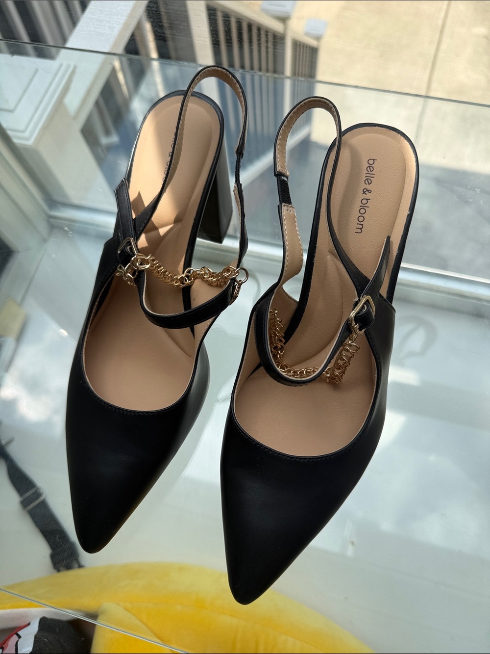 Belle & Bloom Black Pointed Slingback Heels with Gold Chain Accent - Picture 4 of 5